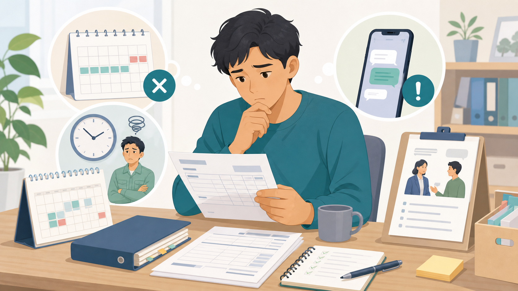 外国人が残業代と給与明細を確認しているイラスト